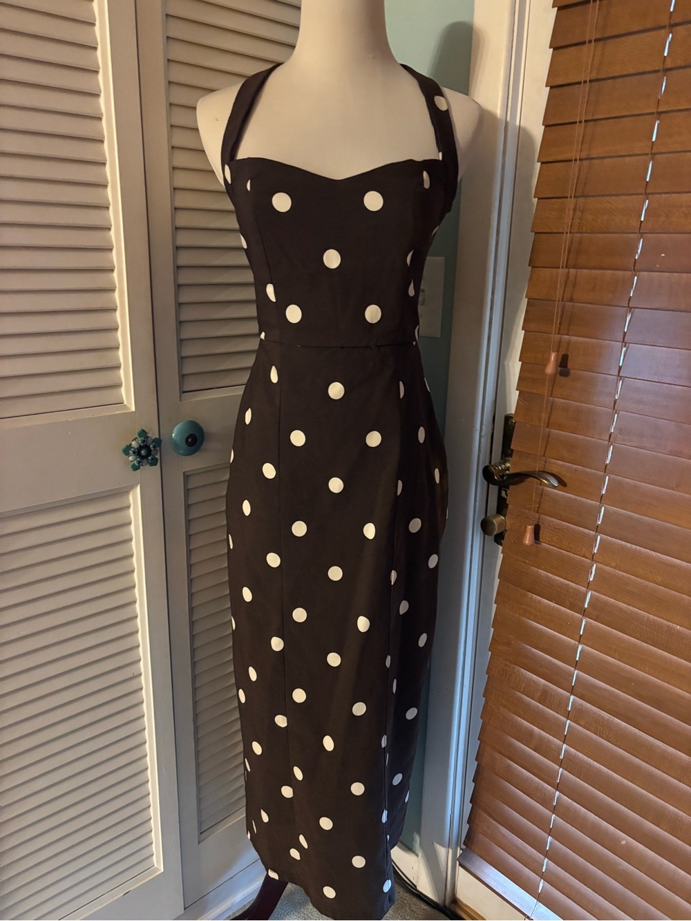 Women’s Brown Polka Dot Halter Midi Dress